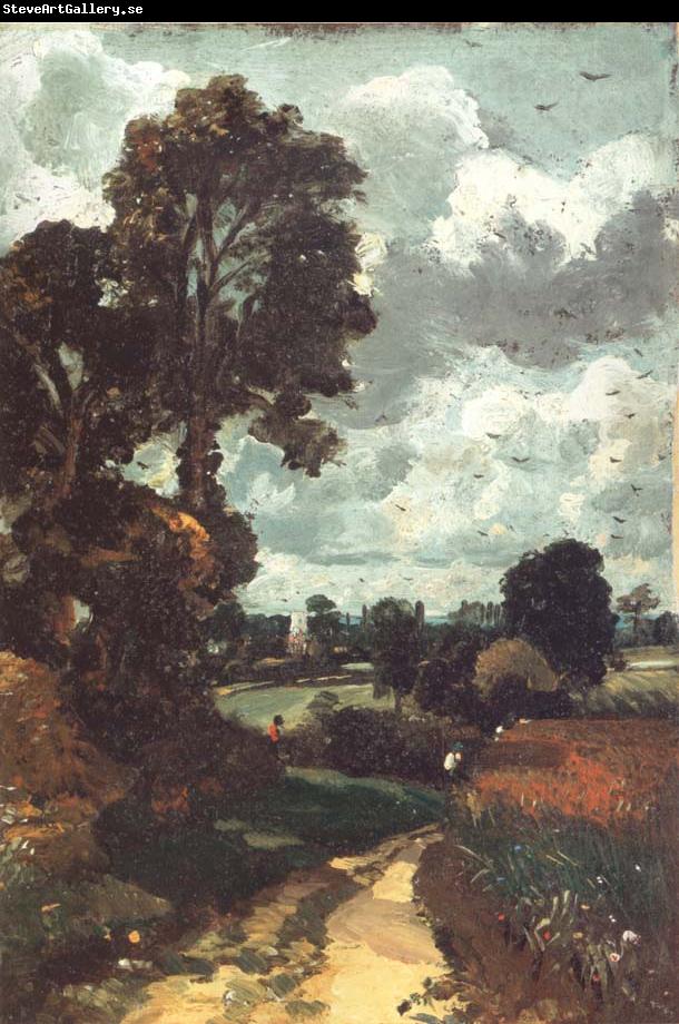 John Constable A country lane,with a church in the distance